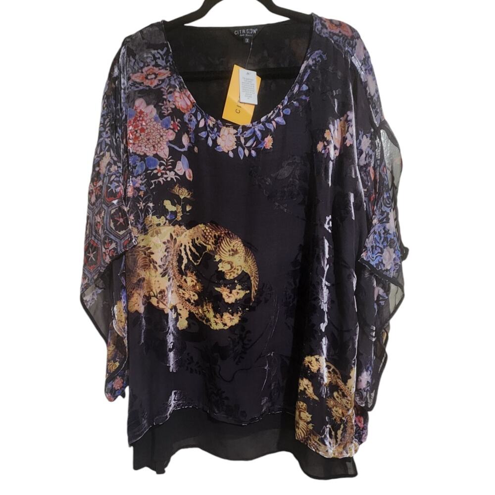 NWT Womens CITRON Silk Black Gold Pink Floral Design Short Kimono Sleeve Size 1X - Picture 9 of 9